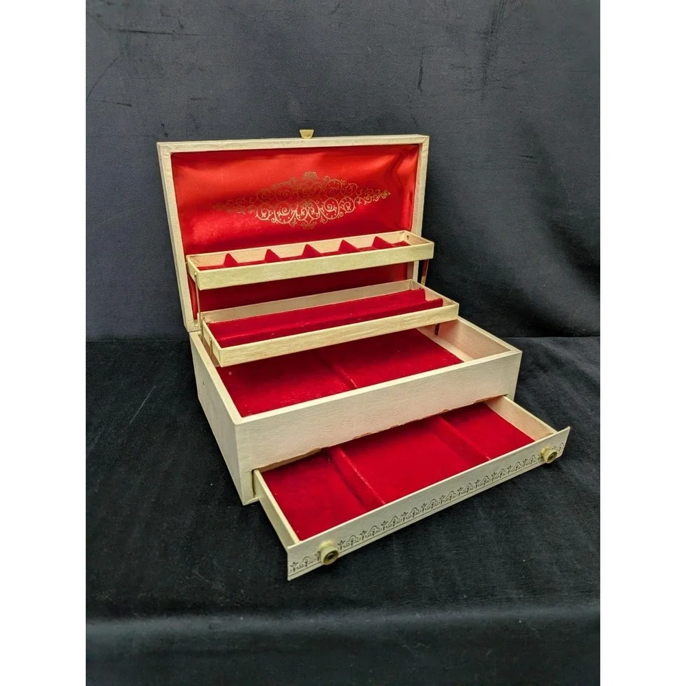 Vintage 50's 60's Beige Cream Jewelry Box 4 Tiers Accordion Style Red Velvet